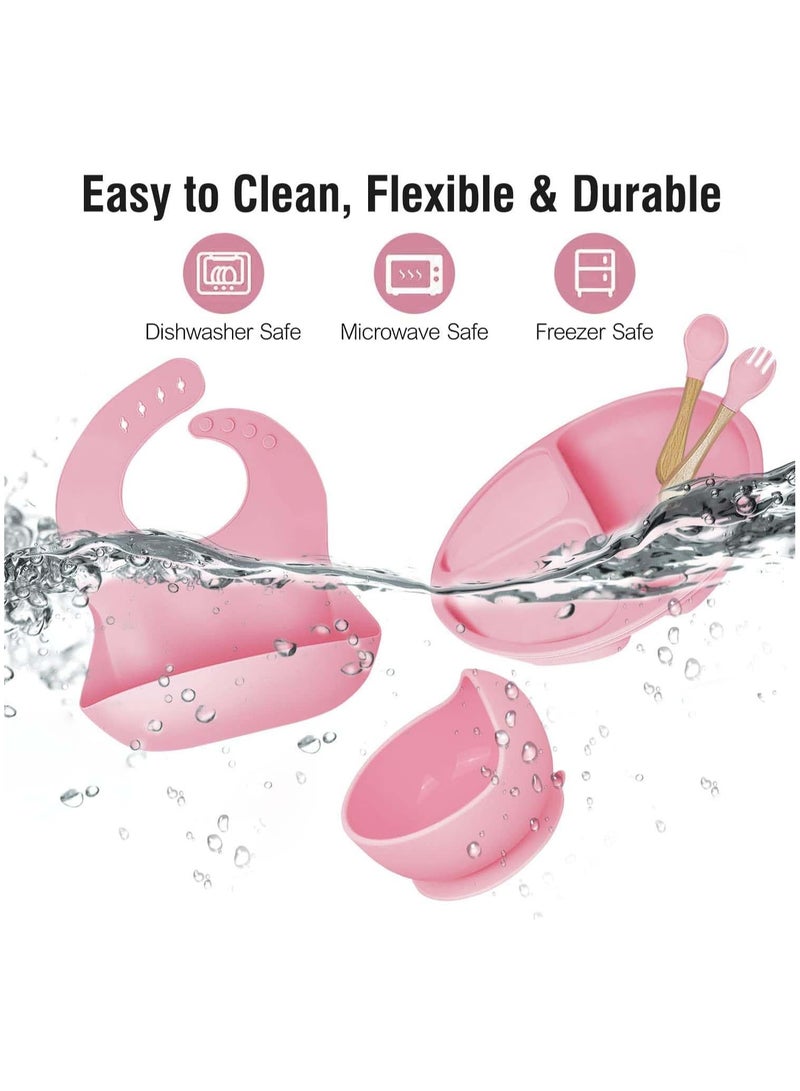 Silicone Baby Feeding Set Toddler Plates Set u0026 Bowl with Suction Toddler Self Feeding Dish Set with Spoons Forks Adjustable Bib Baby Eating Utensils for toddlers (Pink) - Image 5