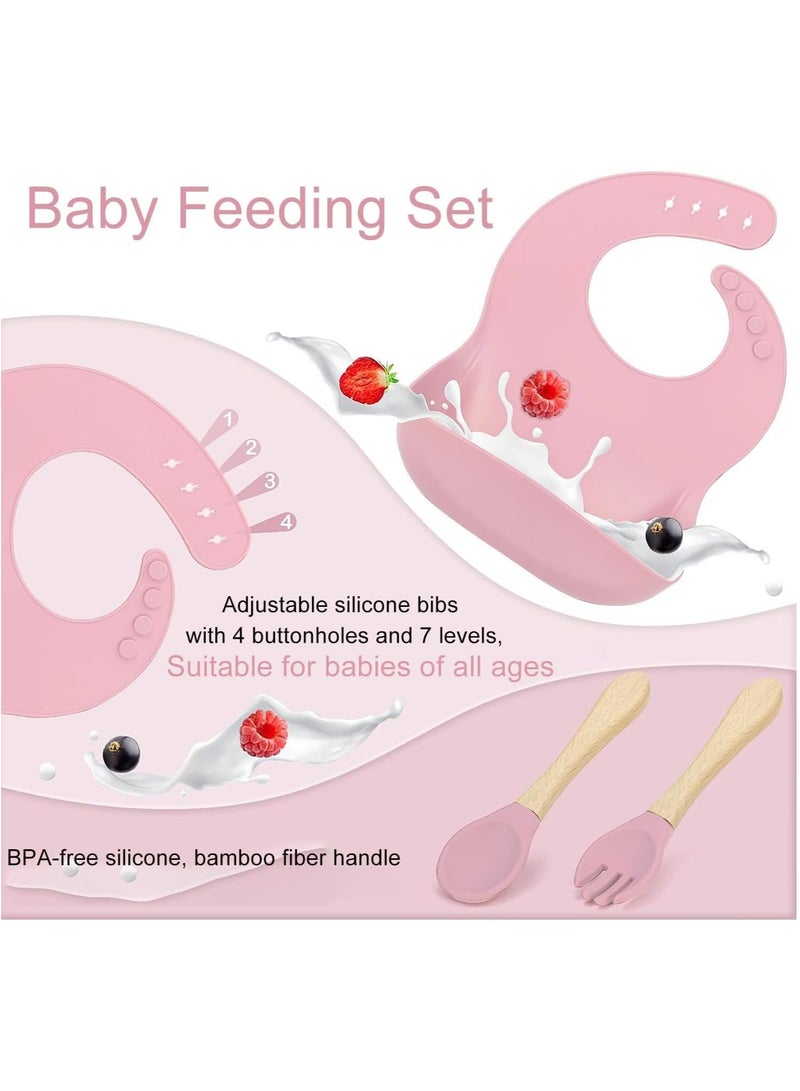 Silicone Baby Feeding Set Toddler Plates Set u0026 Bowl with Suction Toddler Self Feeding Dish Set with Spoons Forks Adjustable Bib Baby Eating Utensils for toddlers (Pink) - Image 3