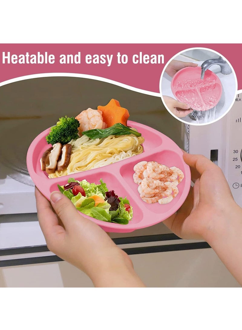 Silicone Baby Feeding Set Toddler Plates Set u0026 Bowl with Suction Toddler Self Feeding Dish Set with Spoons Forks Adjustable Bib Baby Eating Utensils for toddlers (Pink) - Image 4
