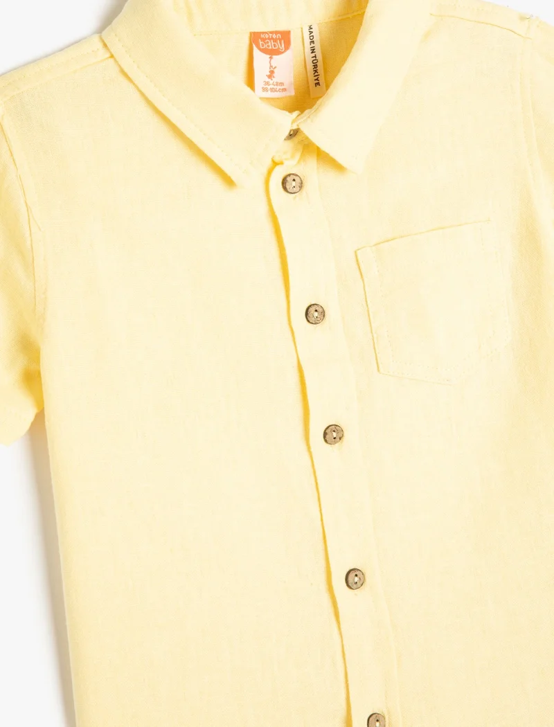 KOTON Cotton Shirt Linen Blend Short Sleeve Single Pocket Detail
