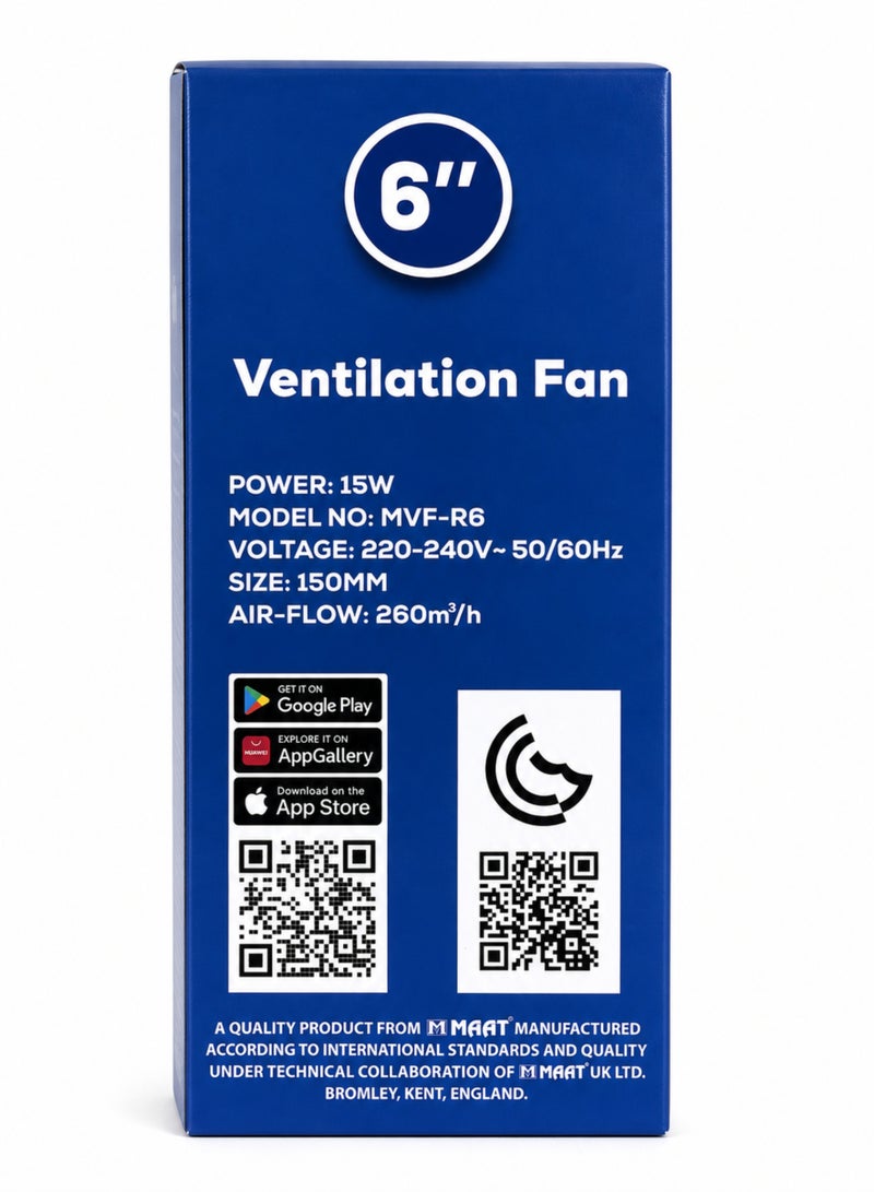 MAAT 6 Inch Ventilation Fan, 150mm Exhaust Fan with 100% Pure Copper Motor, 260 m³/h High Air Flow, Low Noise Operation, 15W, 220-240V, 50/60Hz, White - Image 4