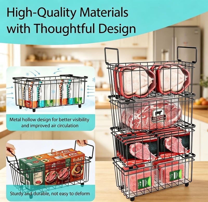 Zenaro 4 Pack Freezer Basket Organizer Bins, Emeralune Stackable Metal Deep Freezer Organizers with Foldable Handle, Wire Storage Baskets for Frozen Food Meat Vegetables, 37×18×15cm - Image 2