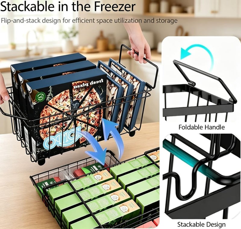 Zenaro 4 Pack Freezer Basket Organizer Bins, Emeralune Stackable Metal Deep Freezer Organizers with Foldable Handle, Wire Storage Baskets for Frozen Food Meat Vegetables, 37×18×15cm - Image 5