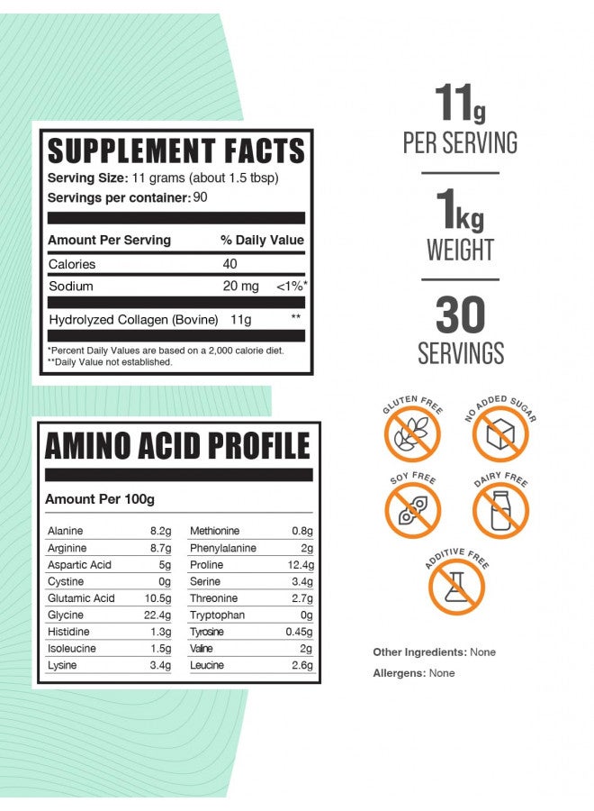 BULKSUPPLEMENTS.COM Collagen Peptides Powder - Bovine Collagen Powder, Collagen Supplement, Powdered Collagen - Beef Collagen Powder, 11g of Hydrolyzed Collagen per Serving, 1kg (2.2 lbs) - Image 2
