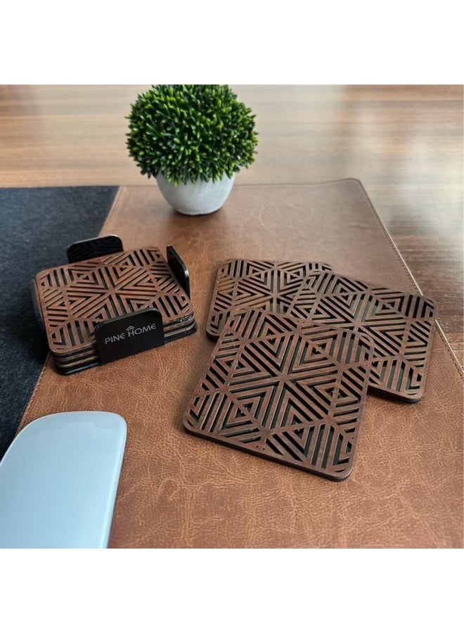 PINE HOME Laser Cut Wooden Coasters with Holder for Living Room, Bedroom and Kitchen (Set of 6) - Image 1