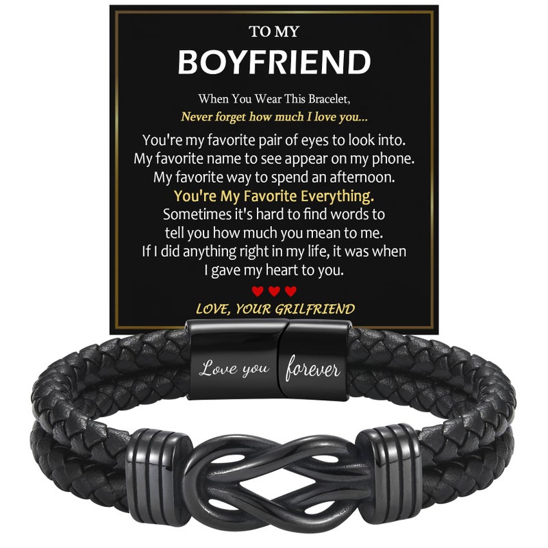 EPIRORA Gifts for Boyfriend- 8.5" Black Braided Leather Infinity Knot Bracelets for Men Him, Personalized Mens Bracelet Jewelry Gift for Birthday Christmas Anniversary, Boyfriend Gifts from Girlfriend - Image 1