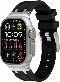 Dado Liquid Silicone Rubber Bands Compatible with Apple Watch Series Ultra 2 | 9 | 8 Ultra | 8 | 7 | 6 | 5 49/45/44/42 mm, Luxury Design Rubber Strap with Stainless Steel Adapter (Black - Silver)