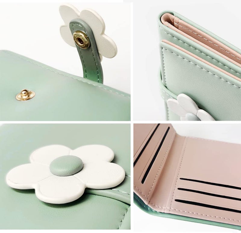 MEISEE Cute Small Wallet for Girls Women Tri-folded Wallet Cash Pocket flowers PU Leather Print Card Holder Coin Purse with ID Window (2-green) - Image 5