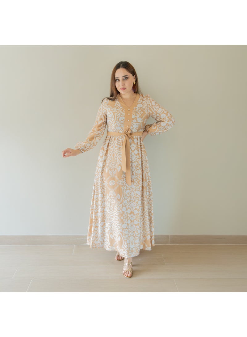 لـيـنـيـل فستان لينيل النسائي الكاجوال - فستان ماكسي مطبوع من مزيج الرايون مع حزام وتفاصيل أزرار، LCD6731 - Image 1