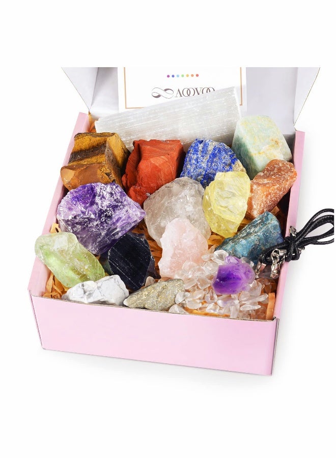 17Pcs Crystals and Healing Stones, 14Pcs Real Raw Chakra Stones Set, Selenite Charging Plate, Amethyst Necklace, Rose Quartz, Gift Box, Guide for Beginners, Collection, Meditation, Yoga, Lady  - Image 1