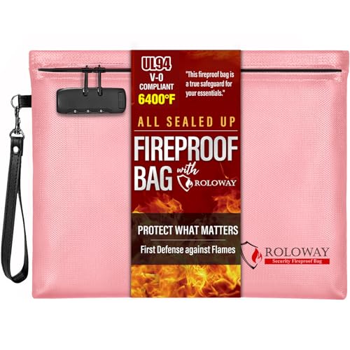 ROLOWAY Fireproof Document Bag (14.5 x 11.5 inch), 6400℉ Fireproof Money Bag with Zipper for Cash, Fire Safe Money Pouch with Lock (Pink) - Image 1