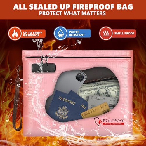 ROLOWAY Fireproof Document Bag (14.5 x 11.5 inch), 6400℉ Fireproof Money Bag with Zipper for Cash, Fire Safe Money Pouch with Lock (Pink) - Image 3