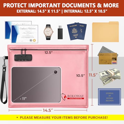 ROLOWAY Fireproof Document Bag (14.5 x 11.5 inch), 6400℉ Fireproof Money Bag with Zipper for Cash, Fire Safe Money Pouch with Lock (Pink) - Image 2