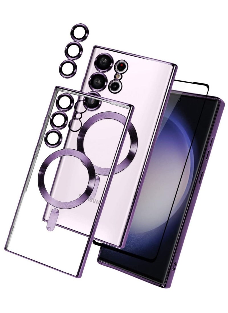 Ipefet Compatible with Samsung Galaxy S24 Ultra Plating Magnetic Case with Camera Lens Protector Magnetic Cover Soft TPU Clear Body Slim Fit Shockproof Case for Samsung Galaxy S24 Ultra-Purple - Image 1
