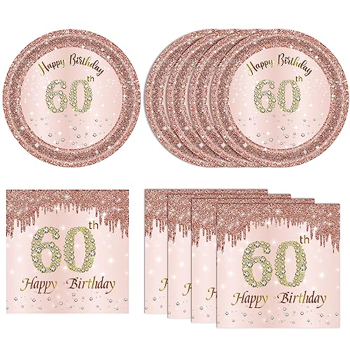 KHAIVI 40 PCS 60th Birthday Decorations for Women Rose Gold Party Supplies Include 60th Birthday Plates and Napkins Rose Gold 1966 Birthday Decorations Disposable Tableware Set for Girl Ladies Women - Image 1