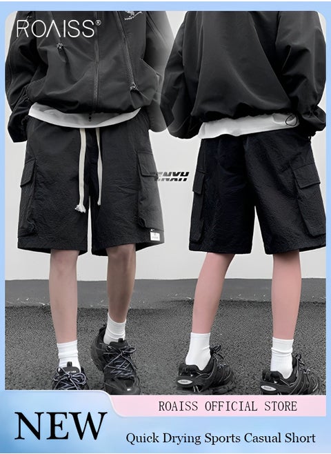 Men's Casual Loose Fitting Quick Drying Shorts Waist Elastic Drawstring Design Workwear Fitness Shorts Everyday Versatile Multi Pocket Wide Leg Shorts