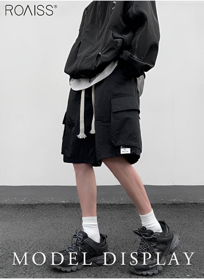 Men's Casual Loose Fitting Quick Drying Shorts Waist Elastic Drawstring Design Workwear Fitness Shorts Everyday Versatile Multi Pocket Wide Leg Shorts