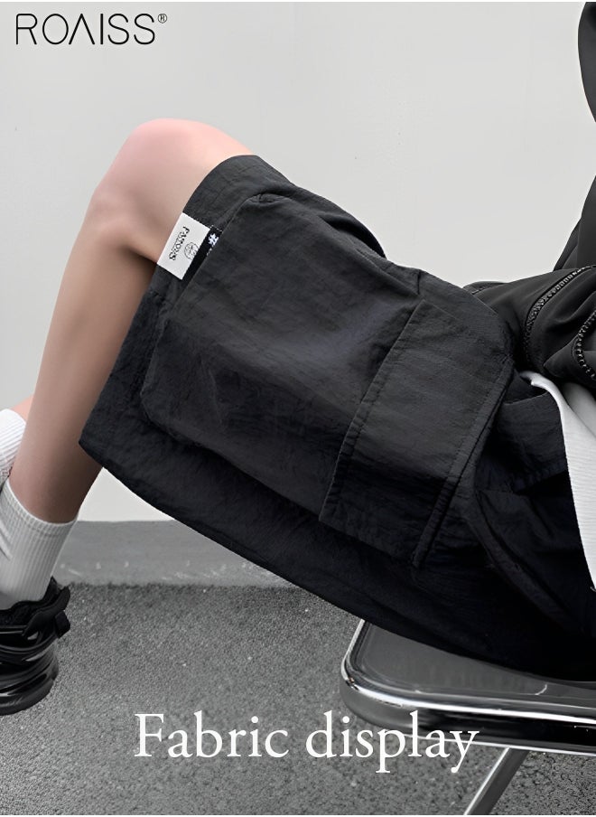 Men's Casual Loose Fitting Quick Drying Shorts Waist Elastic Drawstring Design Workwear Fitness Shorts Everyday Versatile Multi Pocket Wide Leg Shorts