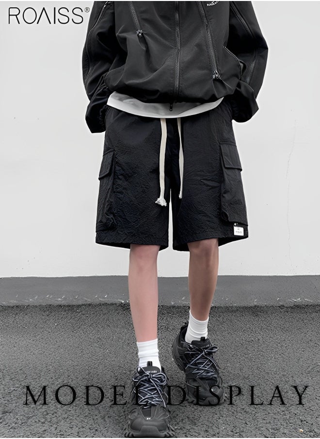 Men's Casual Loose Fitting Quick Drying Shorts Waist Elastic Drawstring Design Workwear Fitness Shorts Everyday Versatile Multi Pocket Wide Leg Shorts