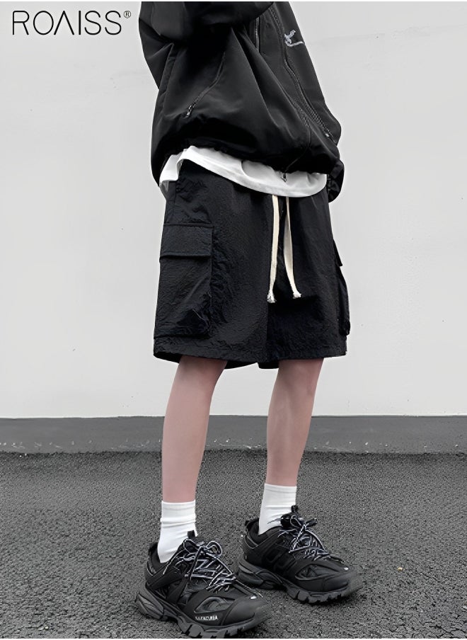 Men's Casual Loose Fitting Quick Drying Shorts Waist Elastic Drawstring Design Workwear Fitness Shorts Everyday Versatile Multi Pocket Wide Leg Shorts