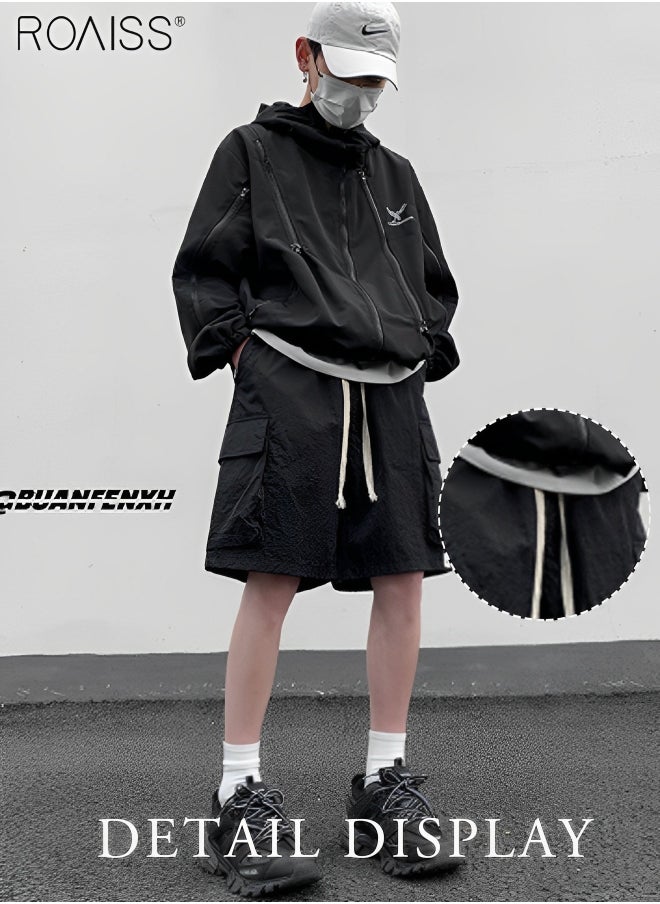 Men's Casual Loose Fitting Quick Drying Shorts Waist Elastic Drawstring Design Workwear Fitness Shorts Everyday Versatile Multi Pocket Wide Leg Shorts