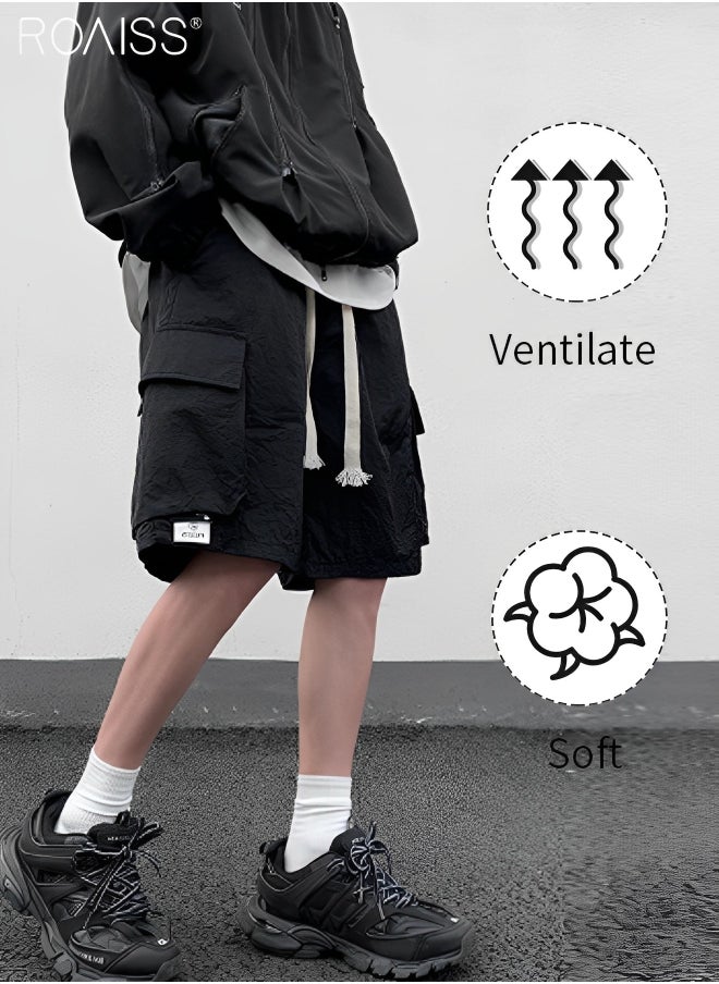 Men's Casual Loose Fitting Quick Drying Shorts Waist Elastic Drawstring Design Workwear Fitness Shorts Everyday Versatile Multi Pocket Wide Leg Shorts