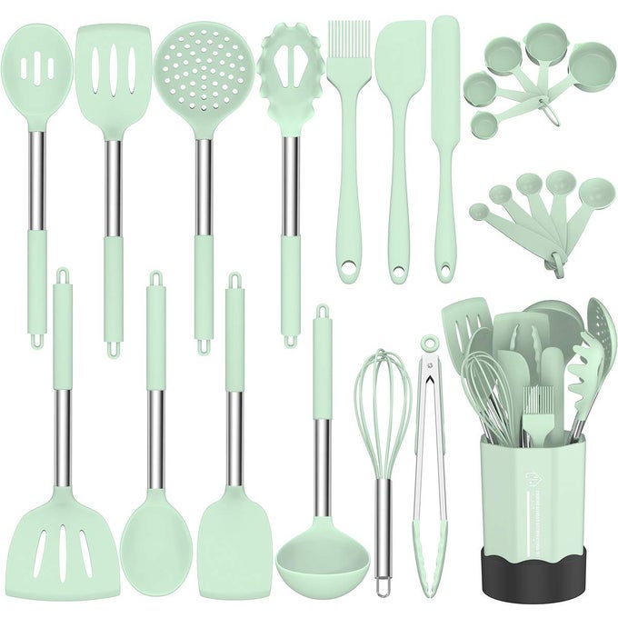 SILICONE COOKING UTENSIL SET NONSTICK KITCHEN UTENSIL 24 PCS COOKING UTENSILS SET HEAT RESISTANT COOKWARE SILICONE KITCHEN TOOLS GIFT WITH STAINLESS STEEL HANDLE GREEN24PCS