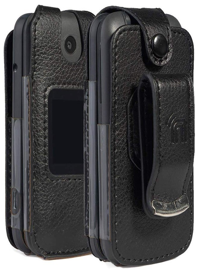 نيكيد سيل فون جراب لهاتف Alcatel Smartflip/Go Flip 3، من Nakedcellphone [جلد نباتي أسود] غطاء ملائم تمامًا مع [حماية مدمجة للشاشة] و[مشبك حزام معدني] لهاتف Alcatel Go Flip 3، Alcatel Smartflip (2019) - Image 1