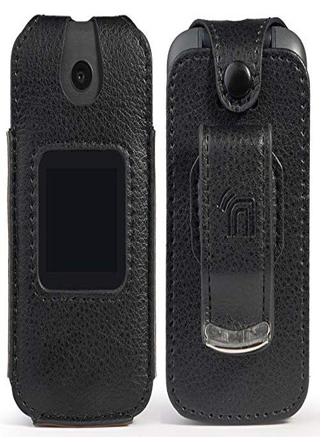 نيكيد سيل فون جراب لهاتف Alcatel Smartflip/Go Flip 3، من Nakedcellphone [جلد نباتي أسود] غطاء ملائم تمامًا مع [حماية مدمجة للشاشة] و[مشبك حزام معدني] لهاتف Alcatel Go Flip 3، Alcatel Smartflip (2019) - Image 2