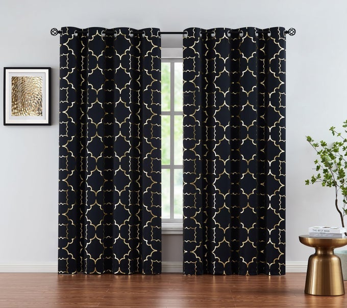 FOIL GOLD BLACKOUT WINDOW CURTAINS FOR BEDROOM LIVING ROOM 95INCH LONG MODERN METALLIC PRINT THERMAL INSULATED DRAPES PRIVACY PROTECTION WINDOW TREATMENT SETS GROMMET TOP 2 PANELS BLACK