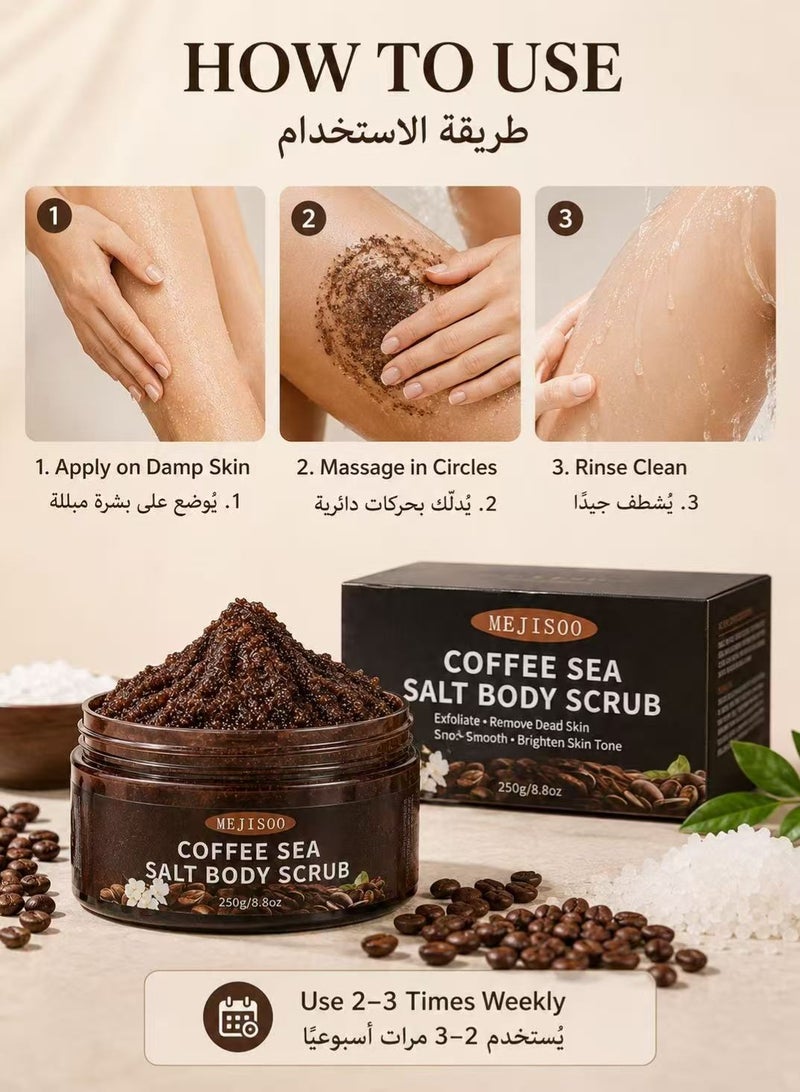 MEJISOO Coffee Sea Salt Body Scrub – Exfoliating & Moisturizing Scrub with Coconut Oil & Shea Butter – Anti-Cellulite Treatment for Smooth Skin – Organic, Vegan - Image 5