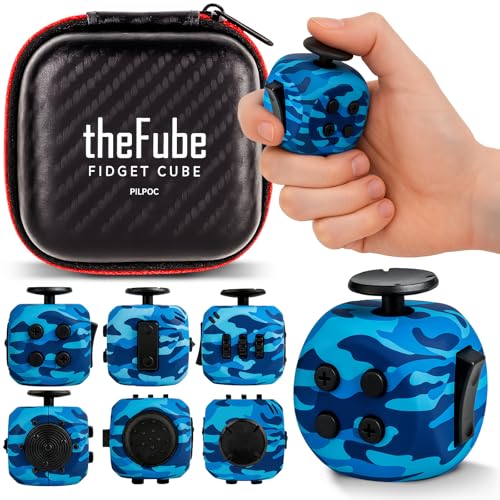 PILPOC theFube Fidget Cube 6Sided Stress Relief Infinity Cube for Adults Kids Boosts Concentration Mindfulness Aid Silent Audible Modes Includes Carry Case for Portability Navy Shadow - Image 1