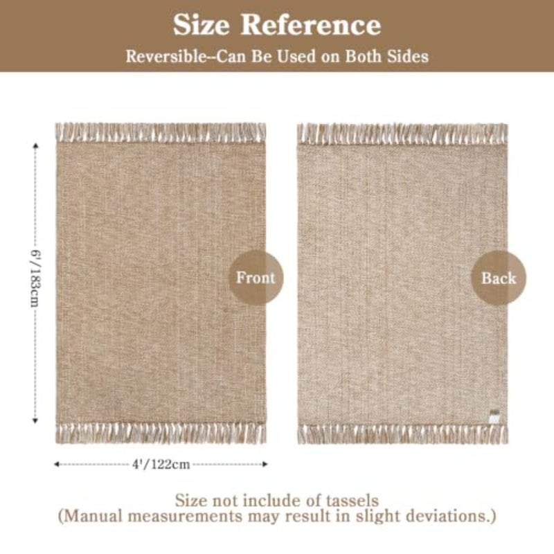 Bedroom rug, woven cotton, brown/cream, soft and durable, modern indoor and outdoor floor rug with tassel for living room, office, patio decoration, 1.2 x 1.8 m - Image 2