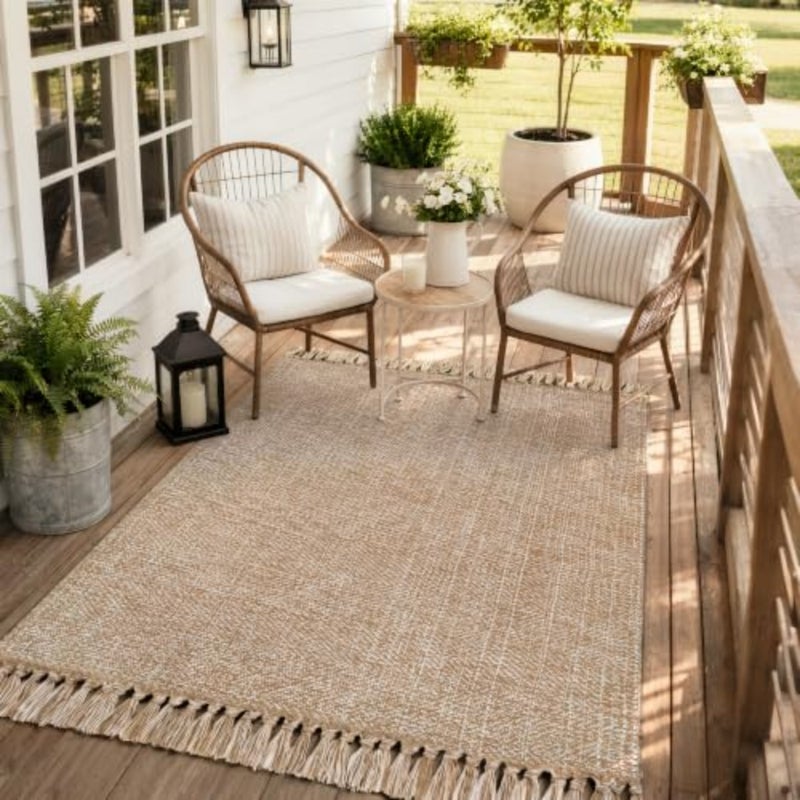 Bedroom rug, woven cotton, brown/cream, soft and durable, modern indoor and outdoor floor rug with tassel for living room, office, patio decoration, 1.2 x 1.8 m - Image 3