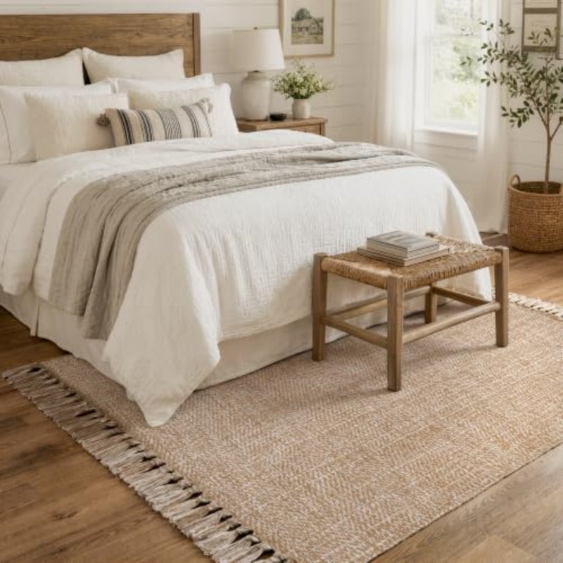 Bedroom rug, woven cotton, brown/cream, soft and durable, modern indoor and outdoor floor rug with tassel for living room, office, patio decoration, 1.2 x 1.8 m - Image 1