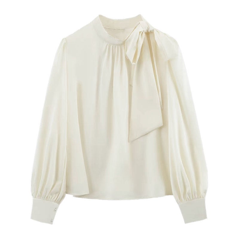 Autumn Womens 2024 New Elegant Western Style Bow Long Sleeve Shirt Niche Design Sense Outer Wear Shirt Top Apricot