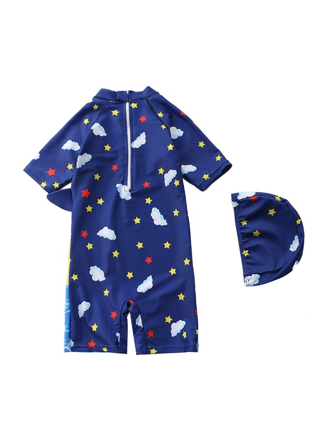 Kids Cute Shark Printed Swimsuit For Boys With Swimming Cap Short Sleeves UV Protect Quick Dry Boy One-piece Swimwear Hot Spring Bathing Beach Wear - Image 2