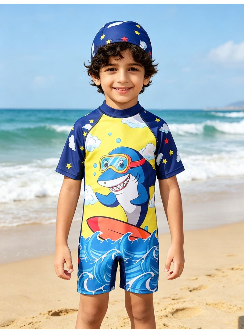 Kids Cute Shark Printed Swimsuit For Boys With Swimming Cap Short Sleeves UV Protect Quick Dry Boy One-piece Swimwear Hot Spring Bathing Beach Wear - Image 4