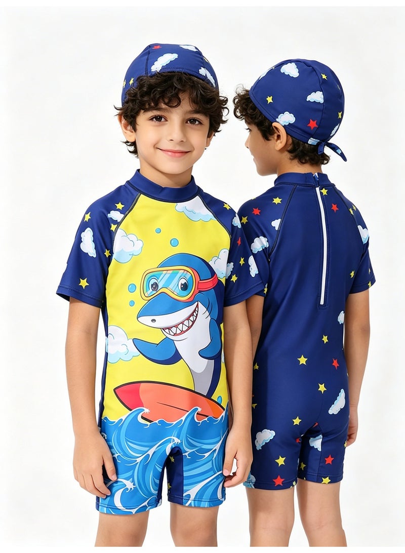 Kids Cute Shark Printed Swimsuit For Boys With Swimming Cap Short Sleeves UV Protect Quick Dry Boy One-piece Swimwear Hot Spring Bathing Beach Wear - Image 3