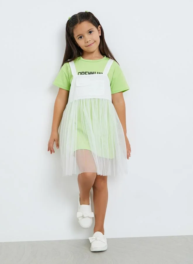 Take Two Girls Text Print Round Neck T-Shirt and Solid Mesh Cami Dress Set