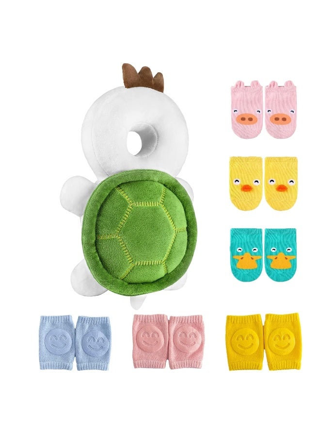 Mounting UP Toddler Head Protector Adjustable Backpack Safety Pad for Infants & Crawling, Includes Knee Pads & Socks - Tortoise HX WZ S7 - Image 1