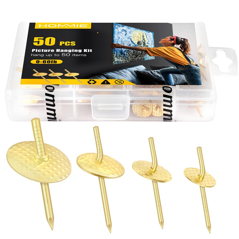 Hommie 50pcs Assorted One Step Hangers Iron Alloy Nail Hooks Photo Picture Frame Hangers Professional Plaster Picture Hanging Kit on WoodenDrywall 1060bls 50pcs
