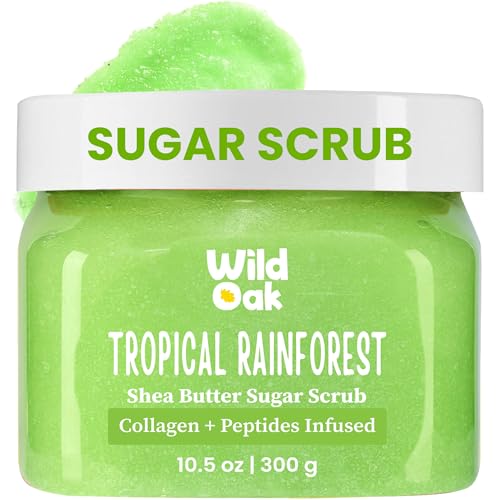 WILD OAK WildOak Tropical Rainforest Sugar Body Scrub | 300g | Kojic & Hyaluronic Acid, Ceramides, Collagen & Peptides | De-Tan & Brightens Dark Areas | Smooths Strawberry Legs & Arms | Hydrates & Exfoliates - Image 1