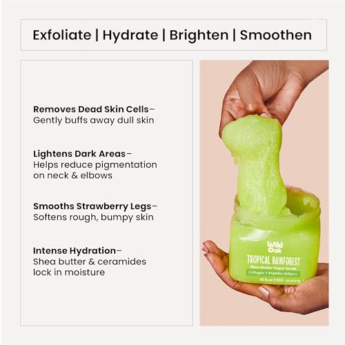 WILD OAK WildOak Tropical Rainforest Sugar Body Scrub | 300g | Kojic & Hyaluronic Acid, Ceramides, Collagen & Peptides | De-Tan & Brightens Dark Areas | Smooths Strawberry Legs & Arms | Hydrates & Exfoliates - Image 3