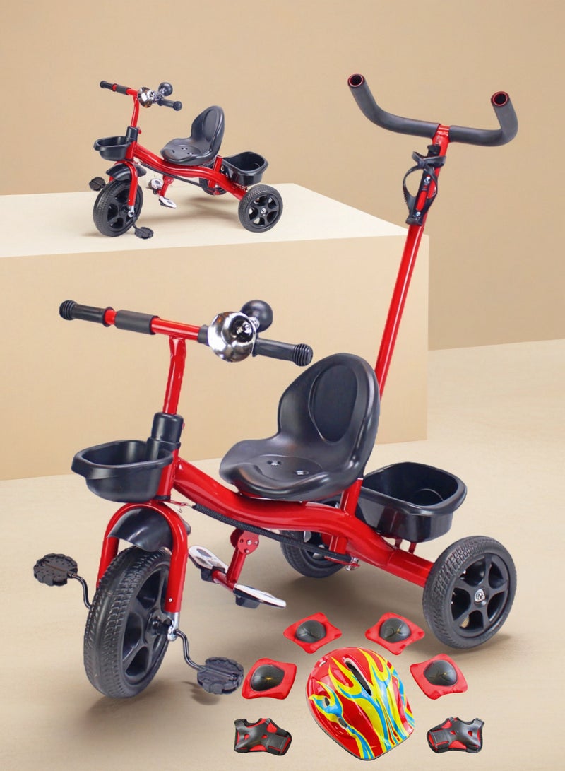 إيزي فيتشور دراجة ثلاثية العجلات سهلة الاستخدام بمقبض دفع للوالدين للأطفال - لعبة ركوب دراجة أطفال مع سلة تخزين (خيارات الألوان الرمادية/الحمراء/الوردية) تتضمن العبوة مجموعة كاملة من معدات الحماية - Image 1