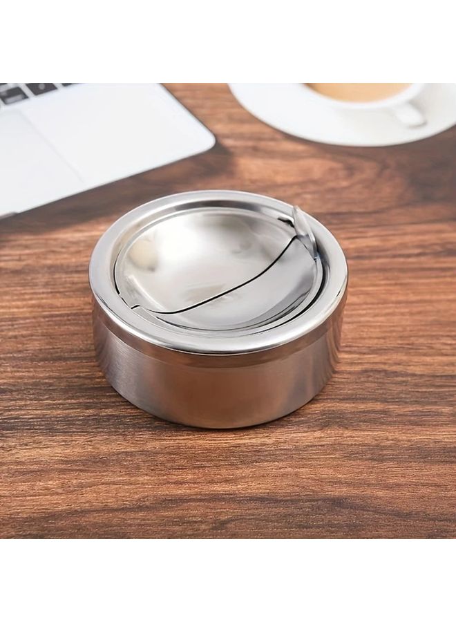 Silvery Stainless Steel Flip Top Ashtray Portable Round Rust Proof Compact Easy Clean Home Outdoor Travel - Image 1