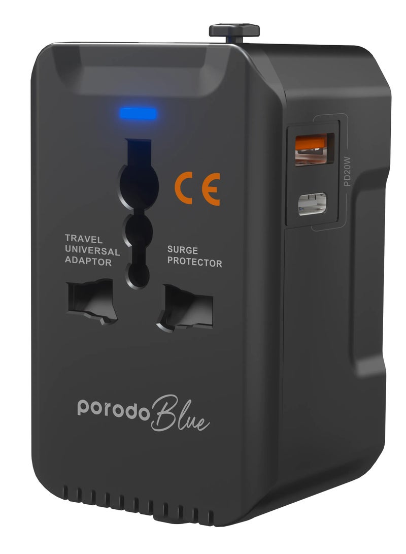 Dual Port Universal Travel Adapter PD20W / Quick Charge / Built-In Safeguards / US/AU/EU/UK Plug - Black - Image 1