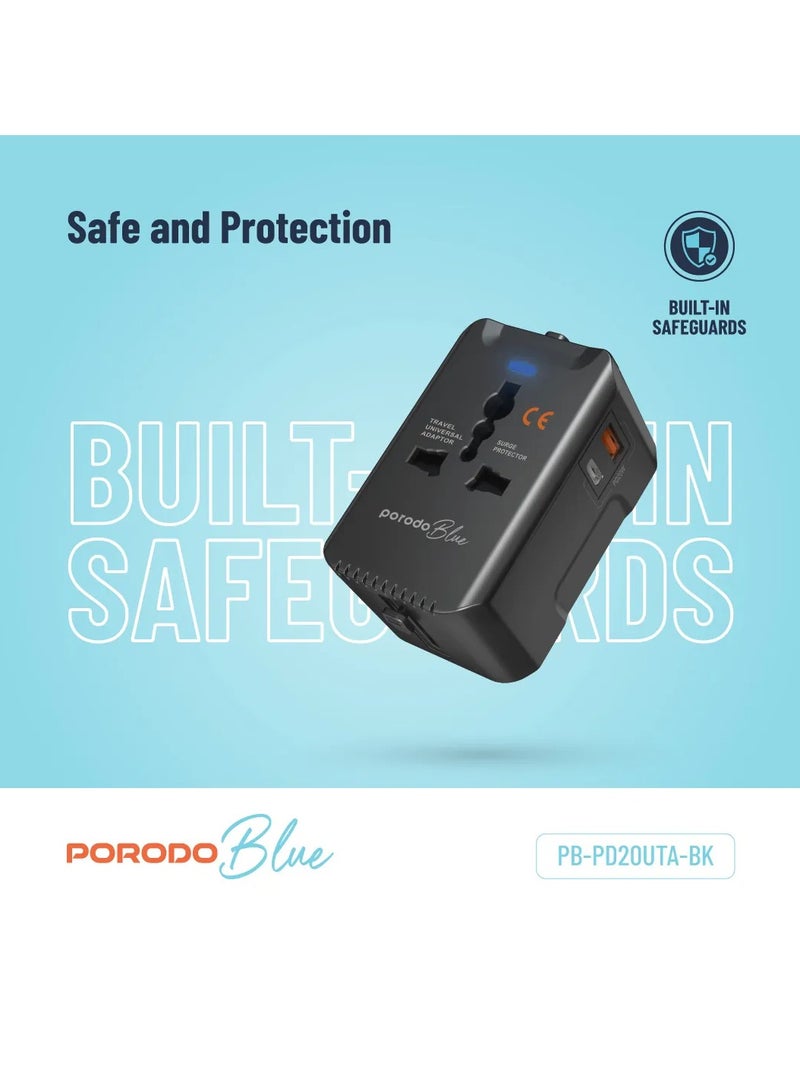 Dual Port Universal Travel Adapter PD20W / Quick Charge / Built-In Safeguards / US/AU/EU/UK Plug - Black - Image 3