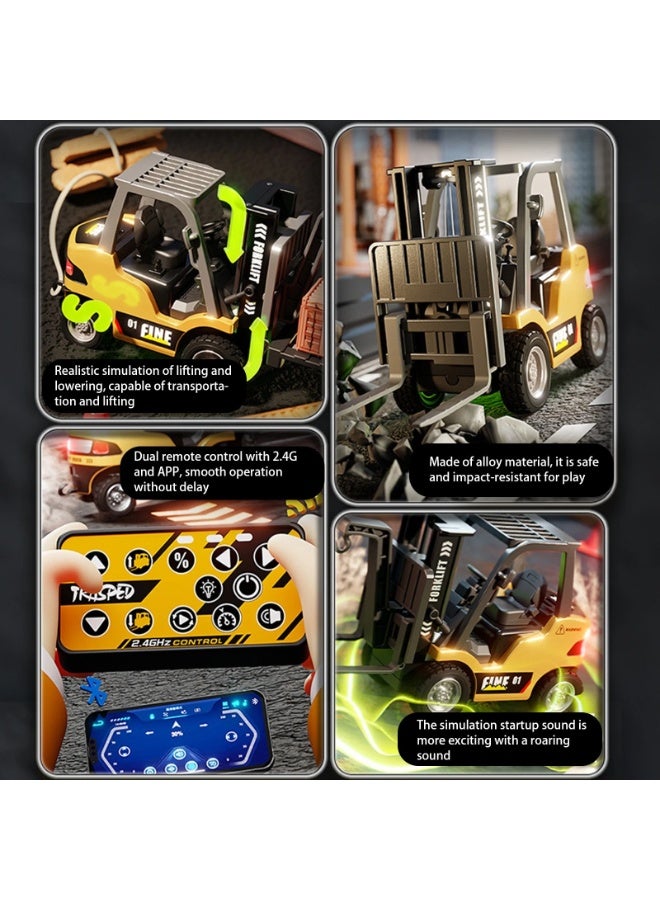 سيارة RC ذات شوكة رفع من السبائك المعدنية، HG-4-243 RTR 1:64 2.4G سيارة RC صغيرة ذات شوكة رفع من السبائك المعدنية تدعم التطبيق يتم التحكم فيها عن بعد بإضاءة LED وصوت هندسي لعبة مكتبية لجمع النماذج هدية للأولاد والبنات - أصفر - Image 3