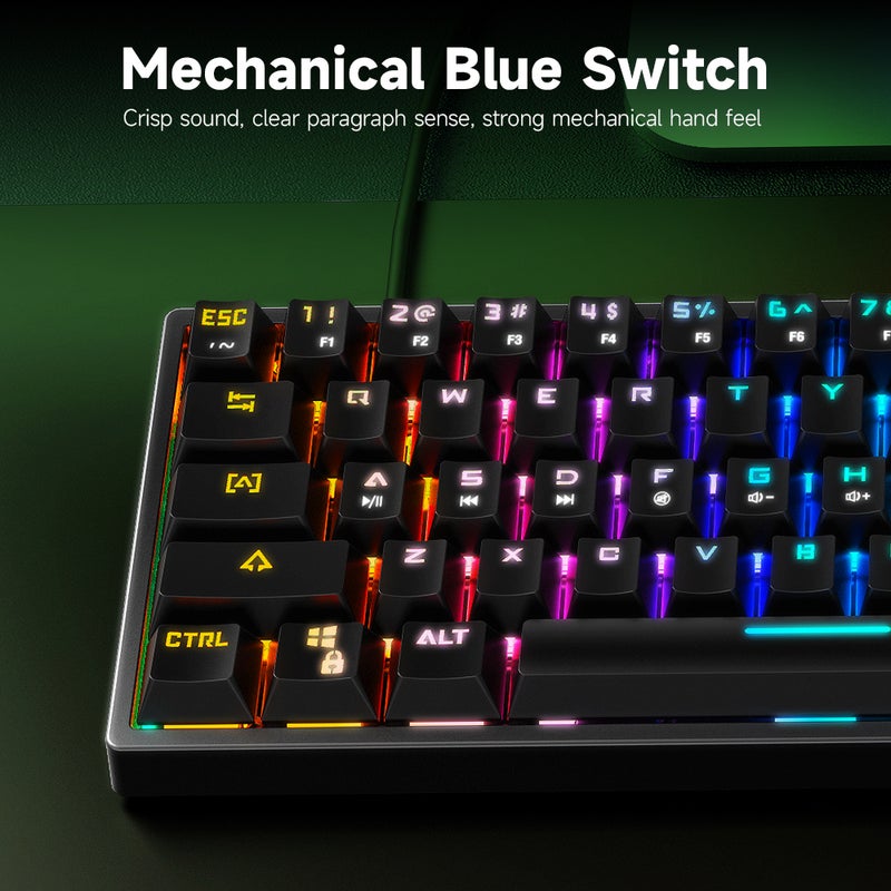 لوحة مفاتيح ميكانيكية سلكية BAJEAL K71 71 مفتاح لوحة مفاتيح ألعاب مع تأثير ضوء RGB ومفتاح أزرق وكابل بيانات منفصل - لون أسود - Image 2
